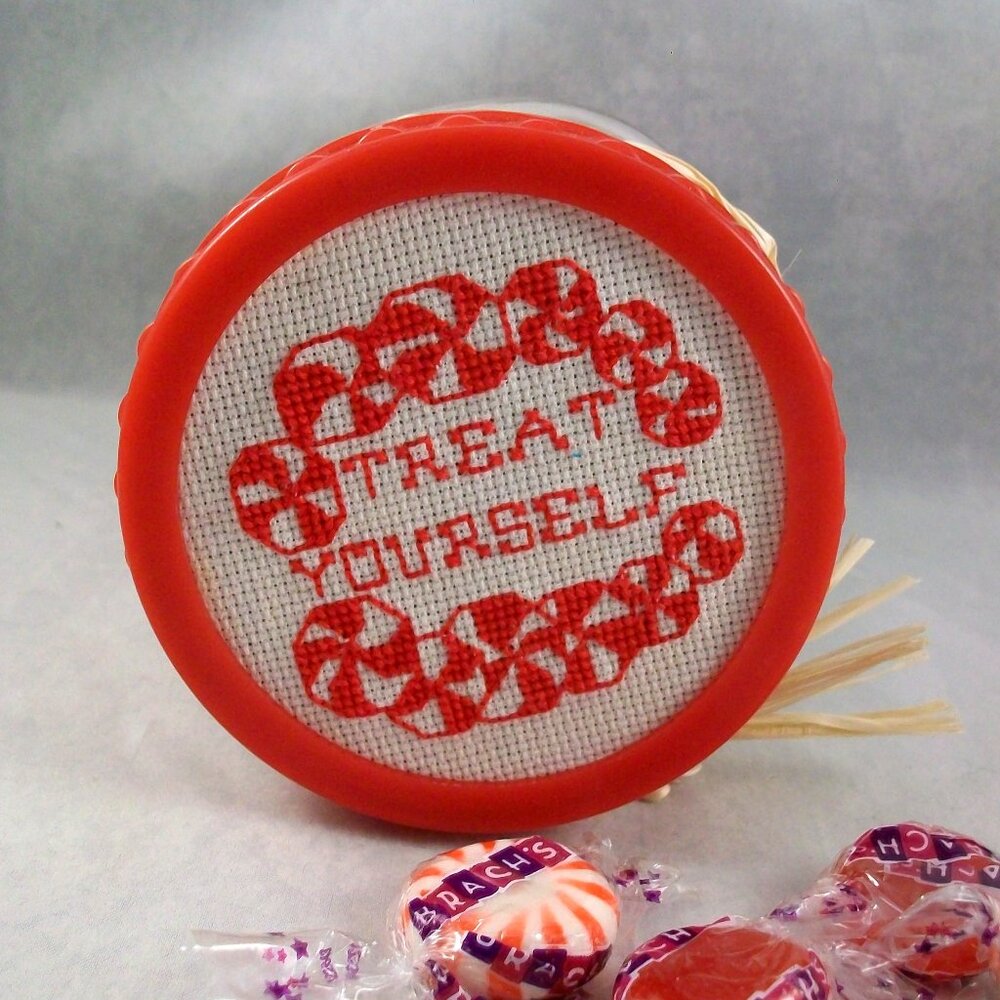 Cross Stitch Red White Swirl Peppermint Candies Mason Jar Storage Country Core